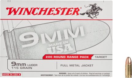 Winchester 9mm 115-Grain FMJ Centerfire Pistol Ammunition - 200 Rounds